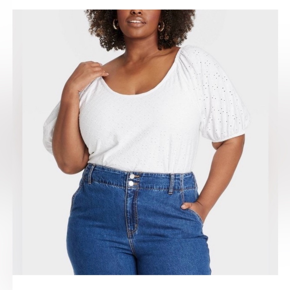 Ava & Viv White Eyelet Puff Sleeve Knit Blouse 3X Plus Size Women's Short Sleeve